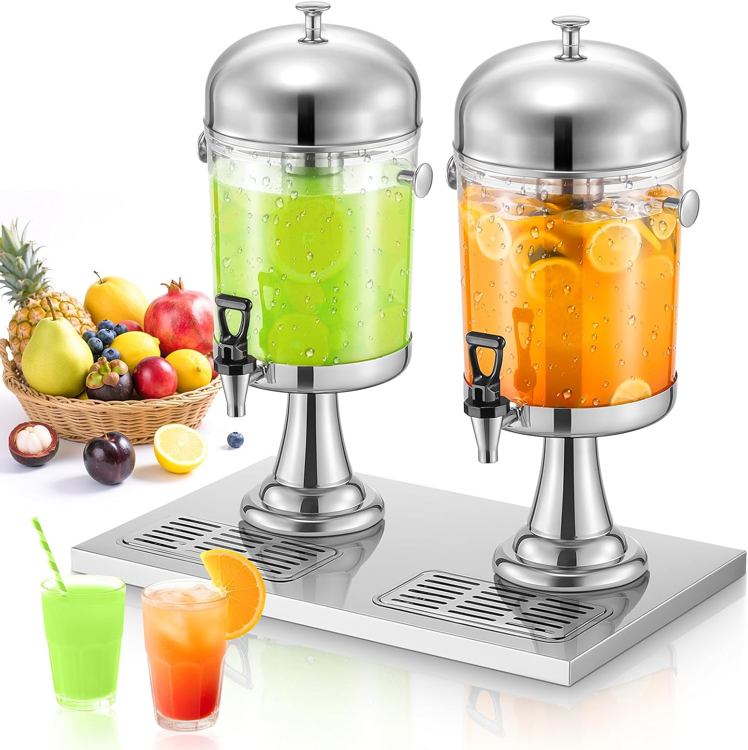 Drink Dispensers for Parties, 4.4 Gallon Beverage Dispenser with Stand & Ice Core, Stainless Steel Beverage Dispenser, Commercial Hot Cold Juice Dispenser with Drip Tray for Bar Buffet Home