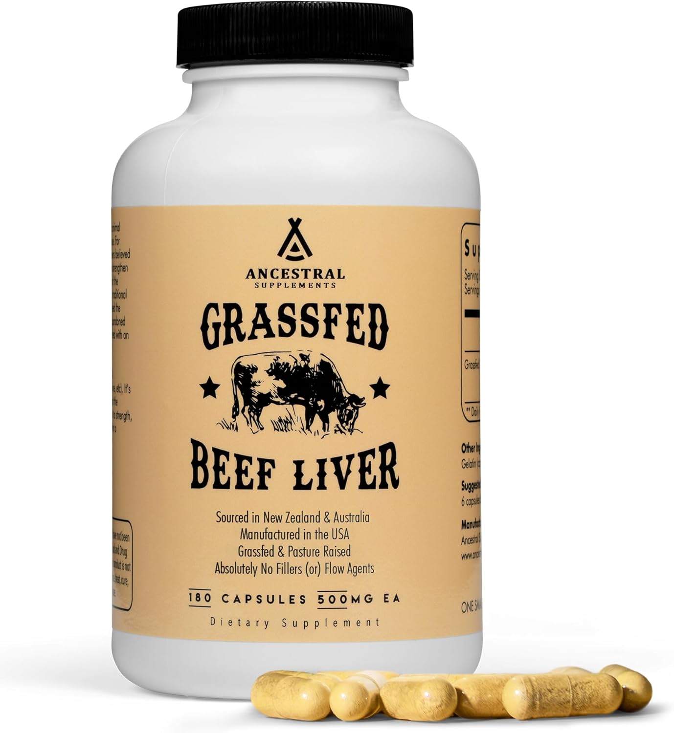 Ancestral Supplements Grass Fed Beef Liver 180 Capsules, Supports Energy Production, Detoxification, Digestion, Immunity and Full Body Wellness, Non-GMO, Freeze Dried Liver Health Supplement