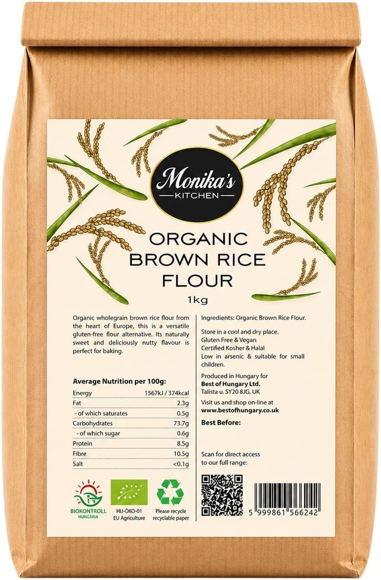 Organic Brown Rice Flour 1kg - GMO & Gluten Free Wholegrain European Rice