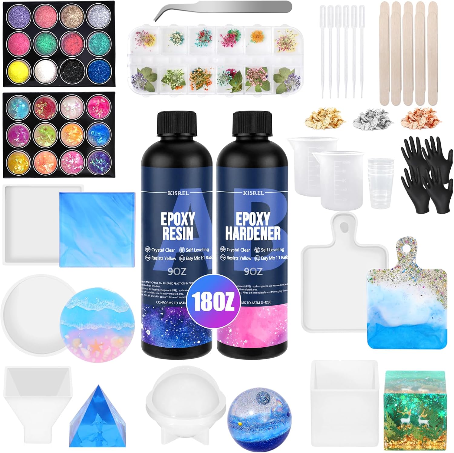 KISREL Epoxy Resin Kit for Beginners, Resin Kit with Molds, 18OZ Epoxy Kit with Dried Flowers, Measuring Cups and Resina Supplies