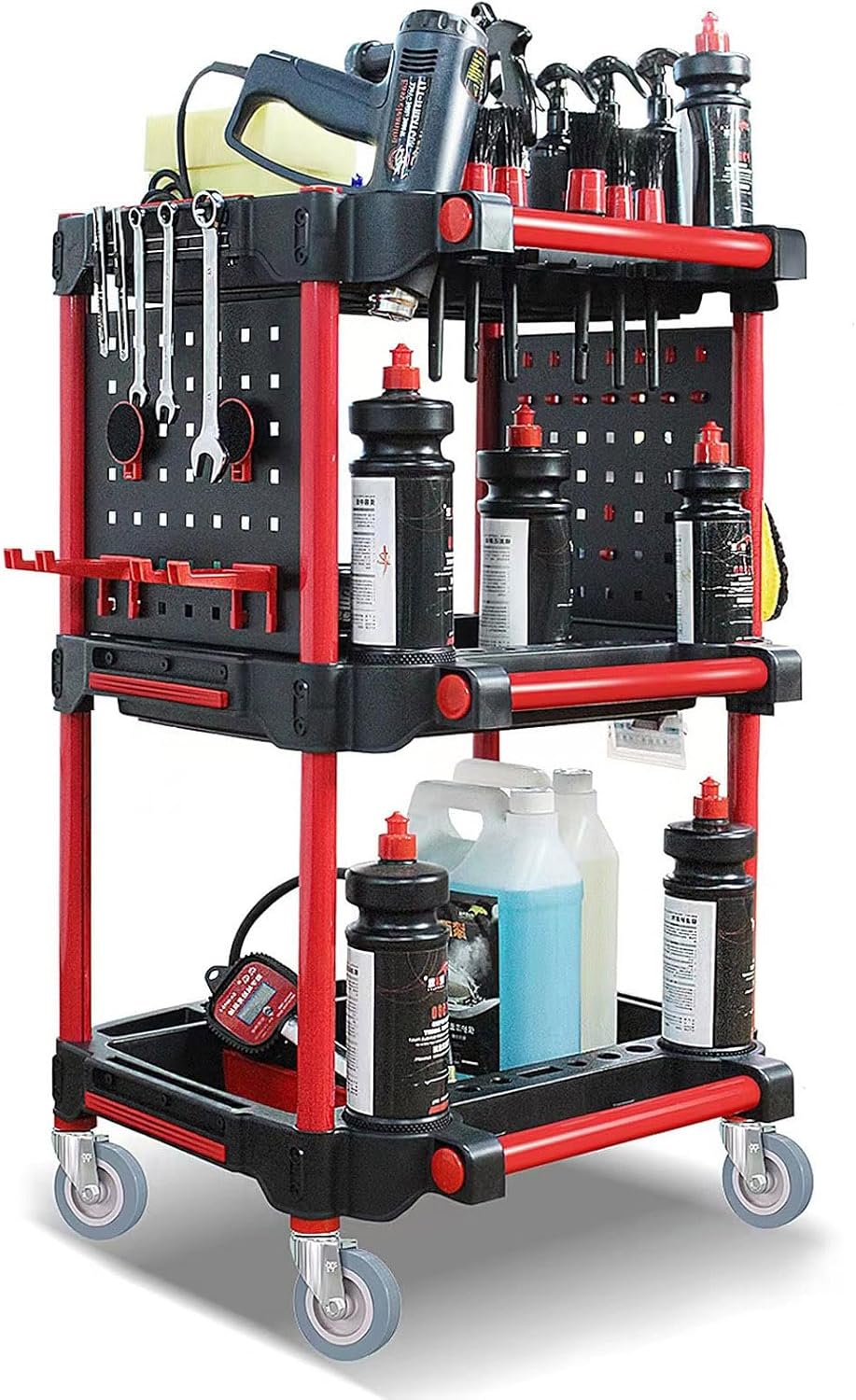 Car Wash Detailing Trolley on Wheels, 3-Tier Rolling Tool Cart for Car Wash & Auto Repair, Heavy Duty Mobile Service Cart for Car Detailing, Workshop, Garage, Warehouse, DIY Storage, 200kg Capacity