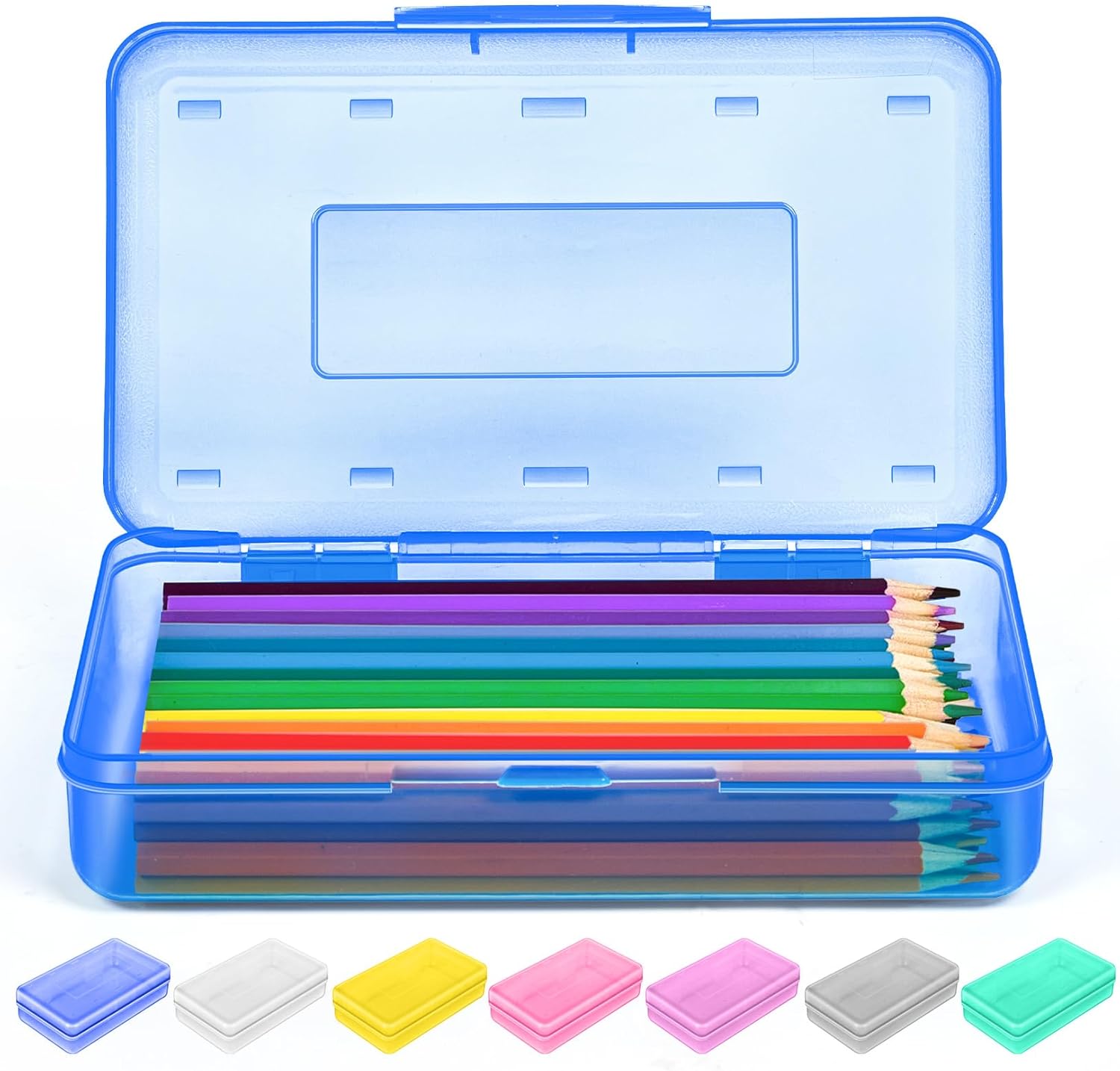 Sooez 1 Pack Clear Pencil Box, Large Plastic Pencil Case Crayon Box, Colored Hard Pencil Case Organizer, Maker Organizer with Lid, Small Art Craft Storage Containers Pen Box for for Boys School, Blue