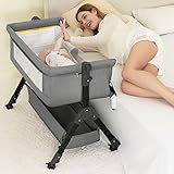 3 in 1 Baby Bassinet Bedside Sleeper, Bedside Crib for Baby, Adjustable Baby Bassinet with Wheels, Storage Basket, Mattress, Easy Assemble & Folding Portable Baby Cradle (Grey)