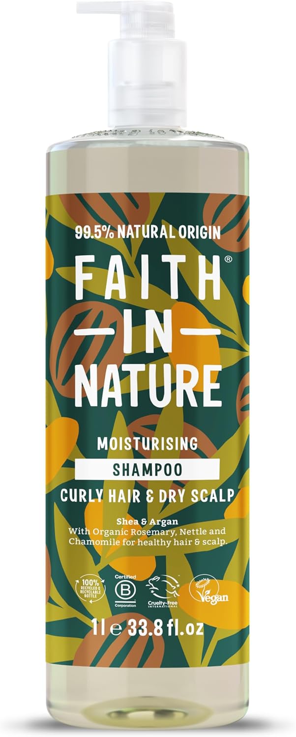 Faith In Nature 1L Natural Shea & Argan Shampoo, Moisturising for Curly Hair & Dry Scalp, Vegan & Cruelty Free, No SLS, Silicones or Parabens, Family Sized