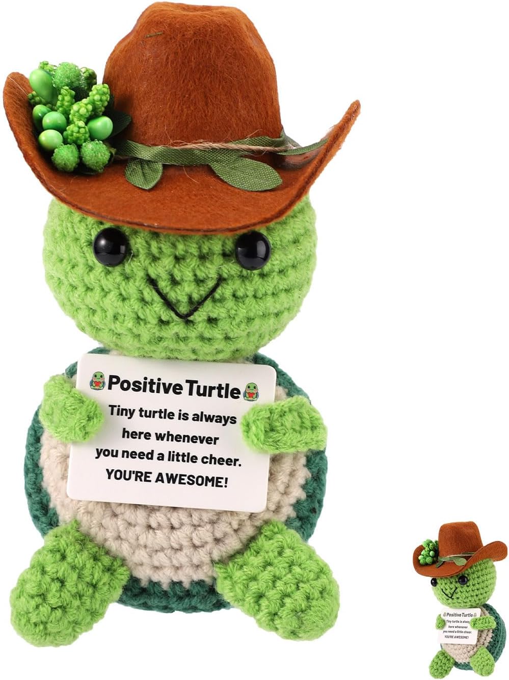 TOYMIS Positive Turtle, Cowboy Hat Crochet Doll Emotional Turtle Support Positive Animal Crochet for Uplifting Gift Home Office Decor Graduation Gift(Green)