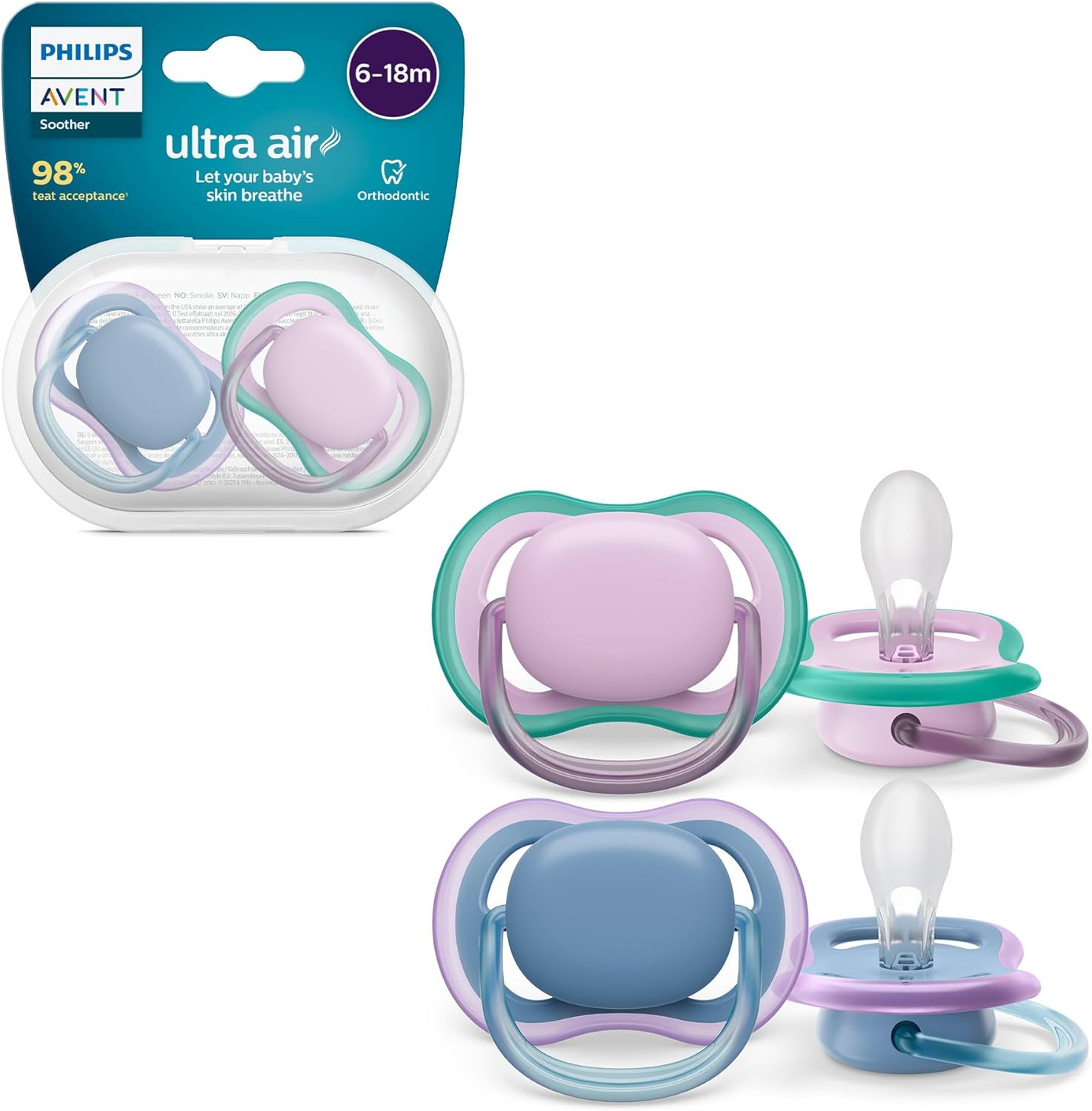 Philips Avent Ultra Air Pacifier, Light Breathable Pacifiers for Babies Aged 6-18 Months, BPA Free, with Sterilizer Carry Case, 2 Pack, Model SCF085/34