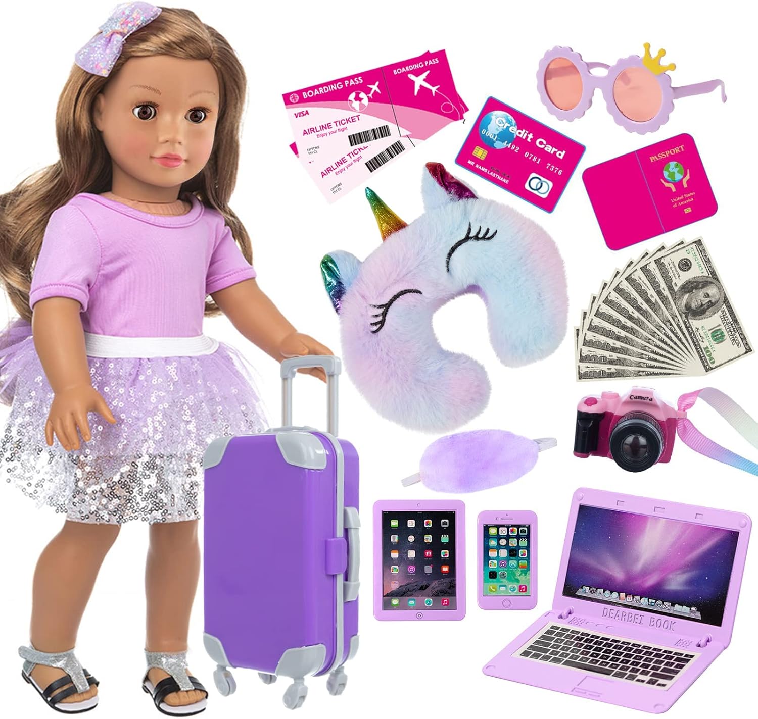 ZNTWEI American 18 Inch Doll Travel Suitcase Play Set with 18 Inch Doll Clothes and Accessories Including Sunglasses Camera Computer Phone Ipad Travel Pillow ect