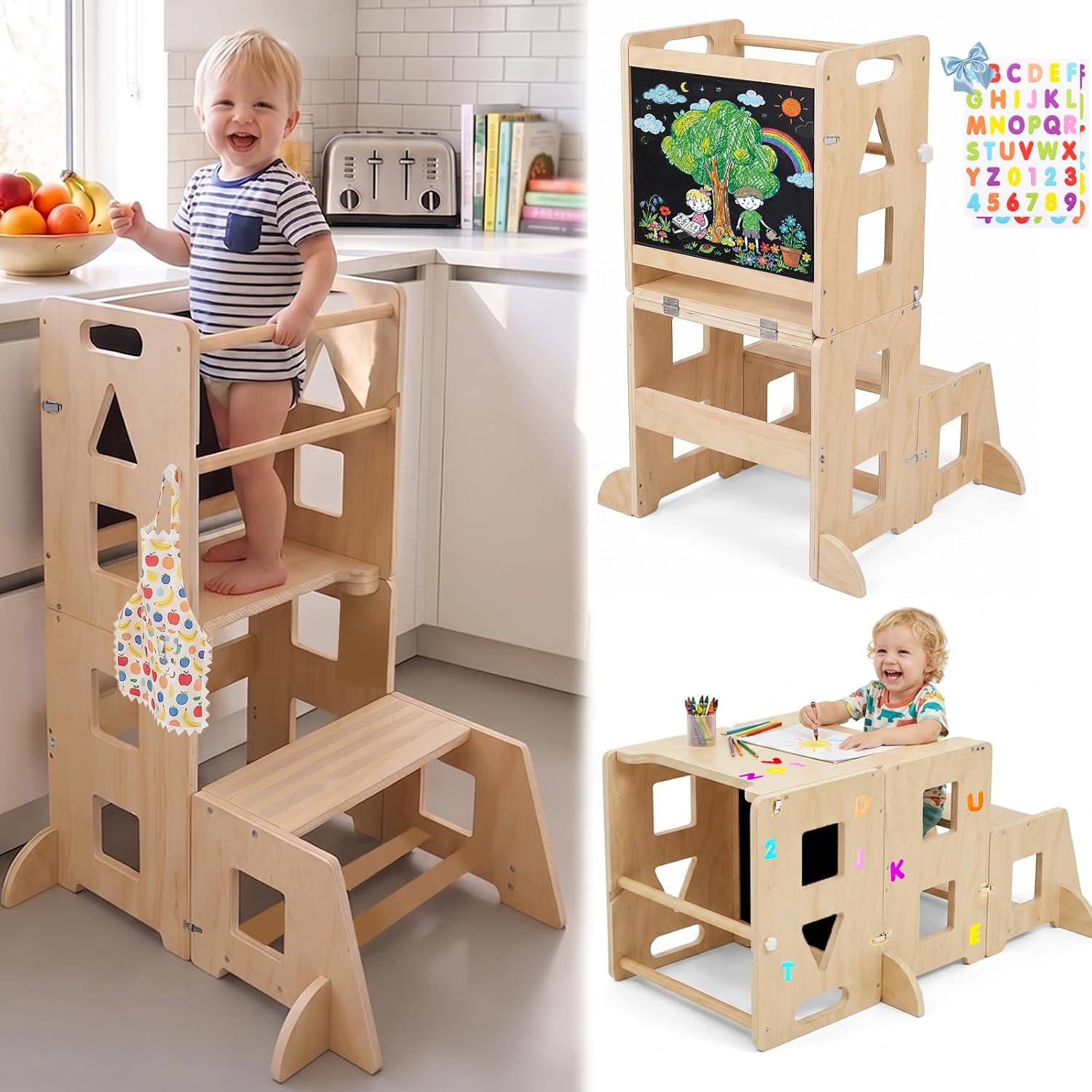5-in-1 Toddler Standing Tower, Kitchen Stool with Blackboard