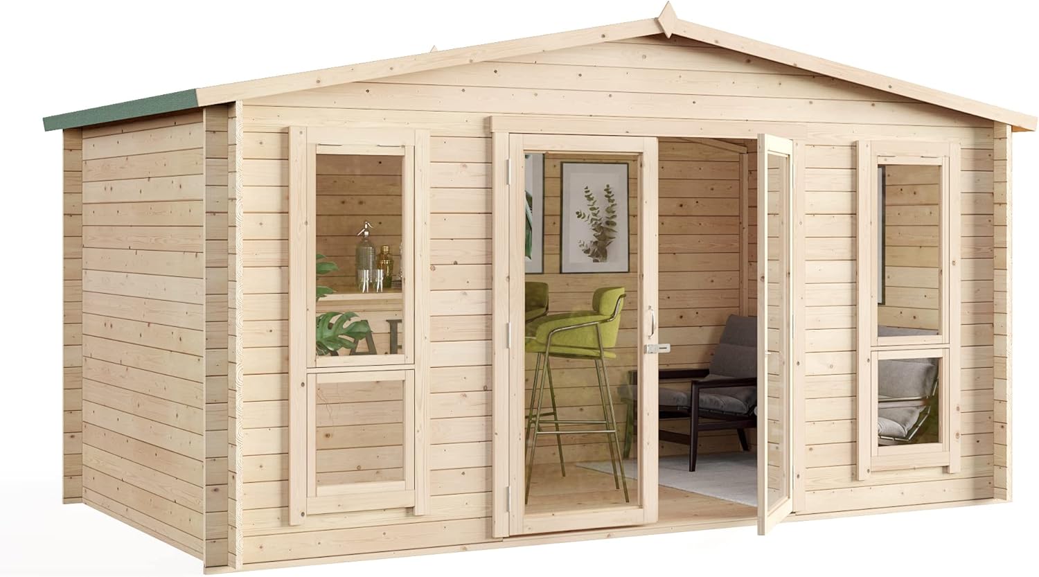 BillyOh Sasha 14 x 8 Log Cabin Summer House Shed – Wooden Garden Room with Apex Roof, Double Doors, Floor, Roof & Felt | Outdoor Office, Home Studio, Tiny Home & Lounge, Easily Assembled Garden House