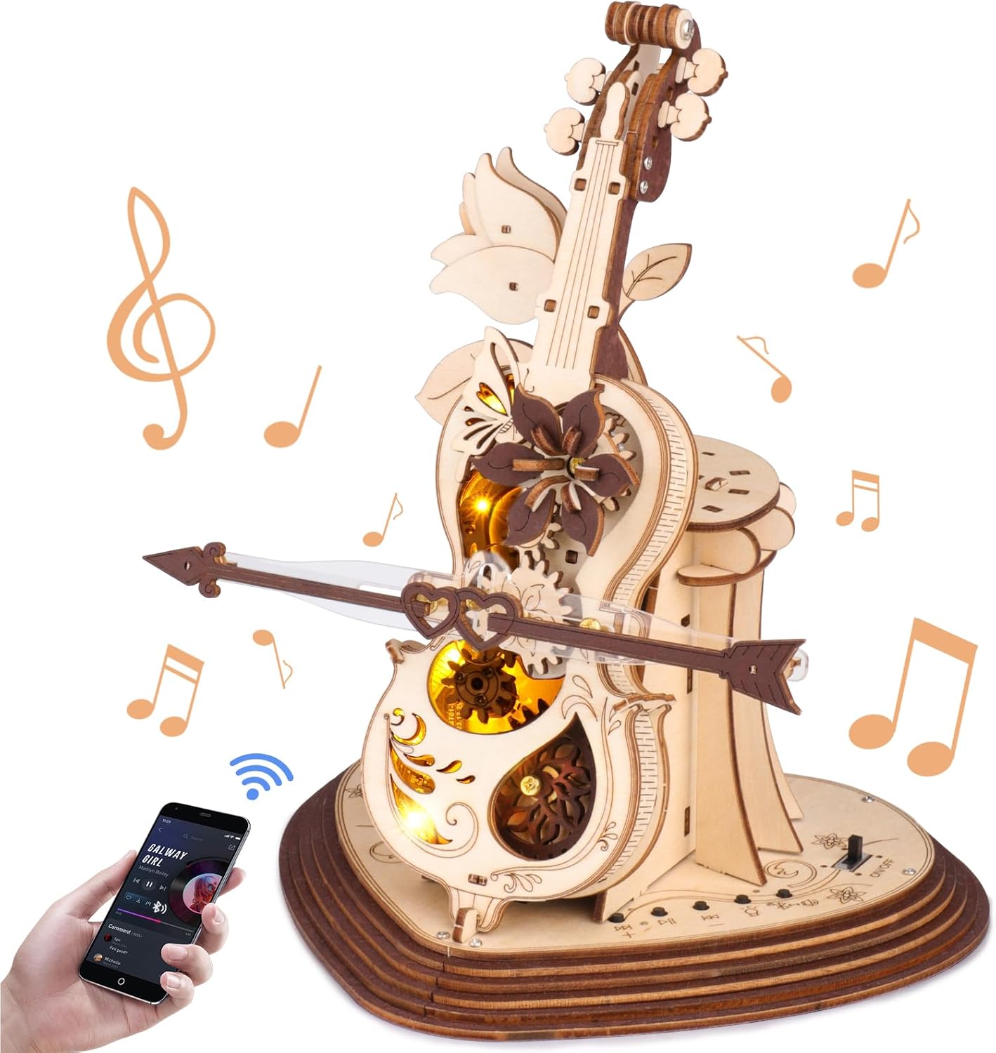 Own1one 3D Wooden Model Kits for Adult to Build, Magic Cello Music Box Wooden Puzzle with Music & Light, Christmas Puzzle Gifts for Teens Adults