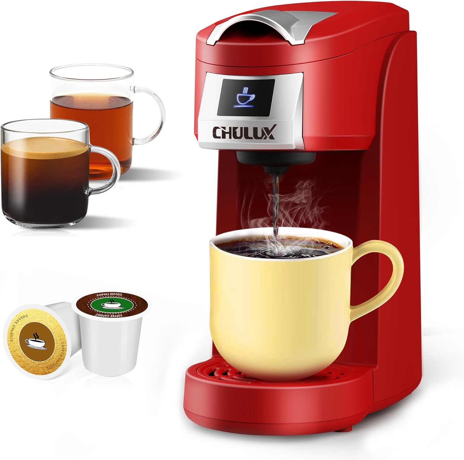 CHULUX Single Serve Coffee Maker for K Cup, One Button Easy Coffee Machine for Office, RV, Travel and Dorm, Red