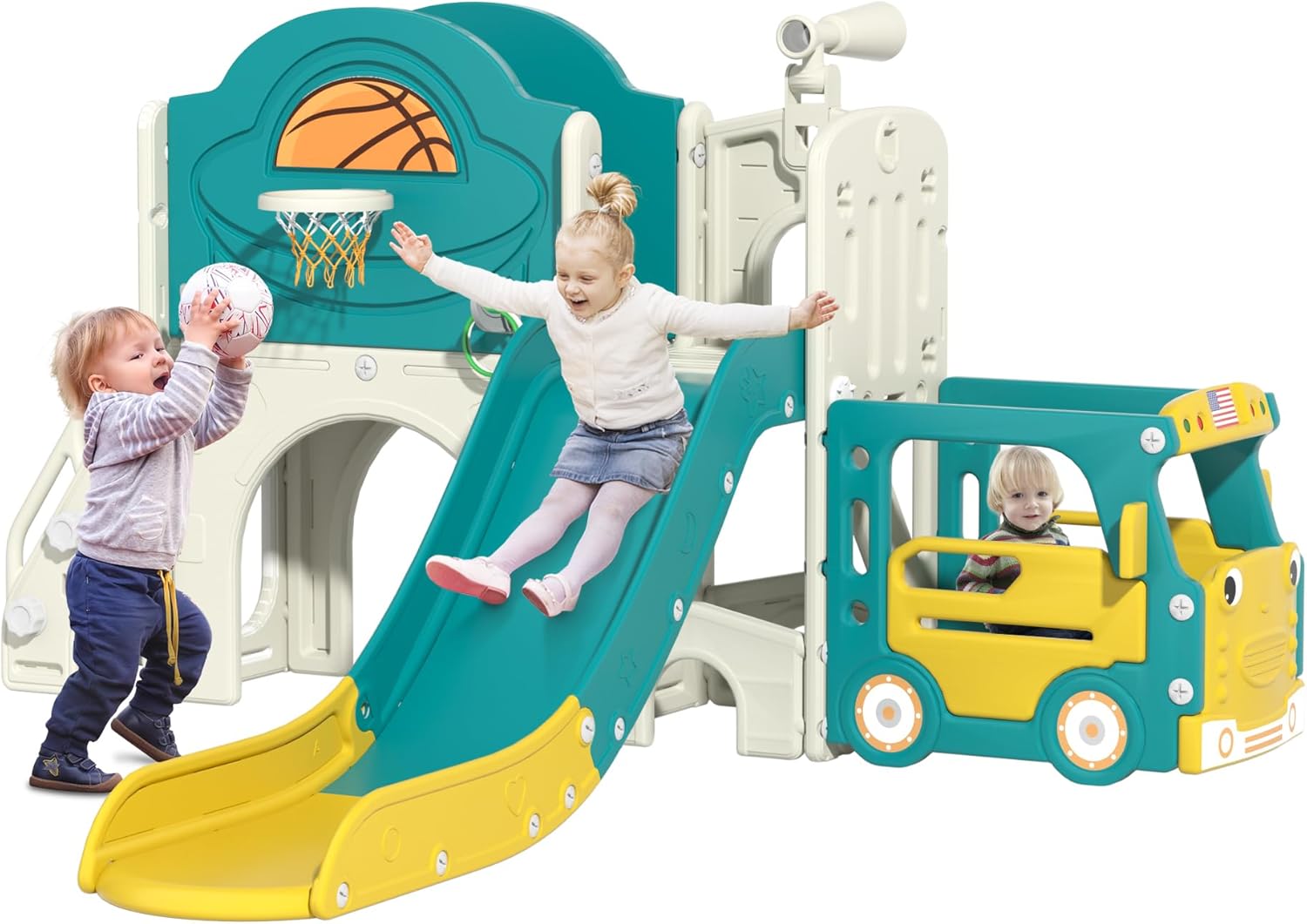 9-in-1 Toddler Slide, Bus-Themed Baby Slide and Climber Playset with Basketball Hoop, Ring-Toss, Car Playhouse, Kids Indoor and Outdoor Playground