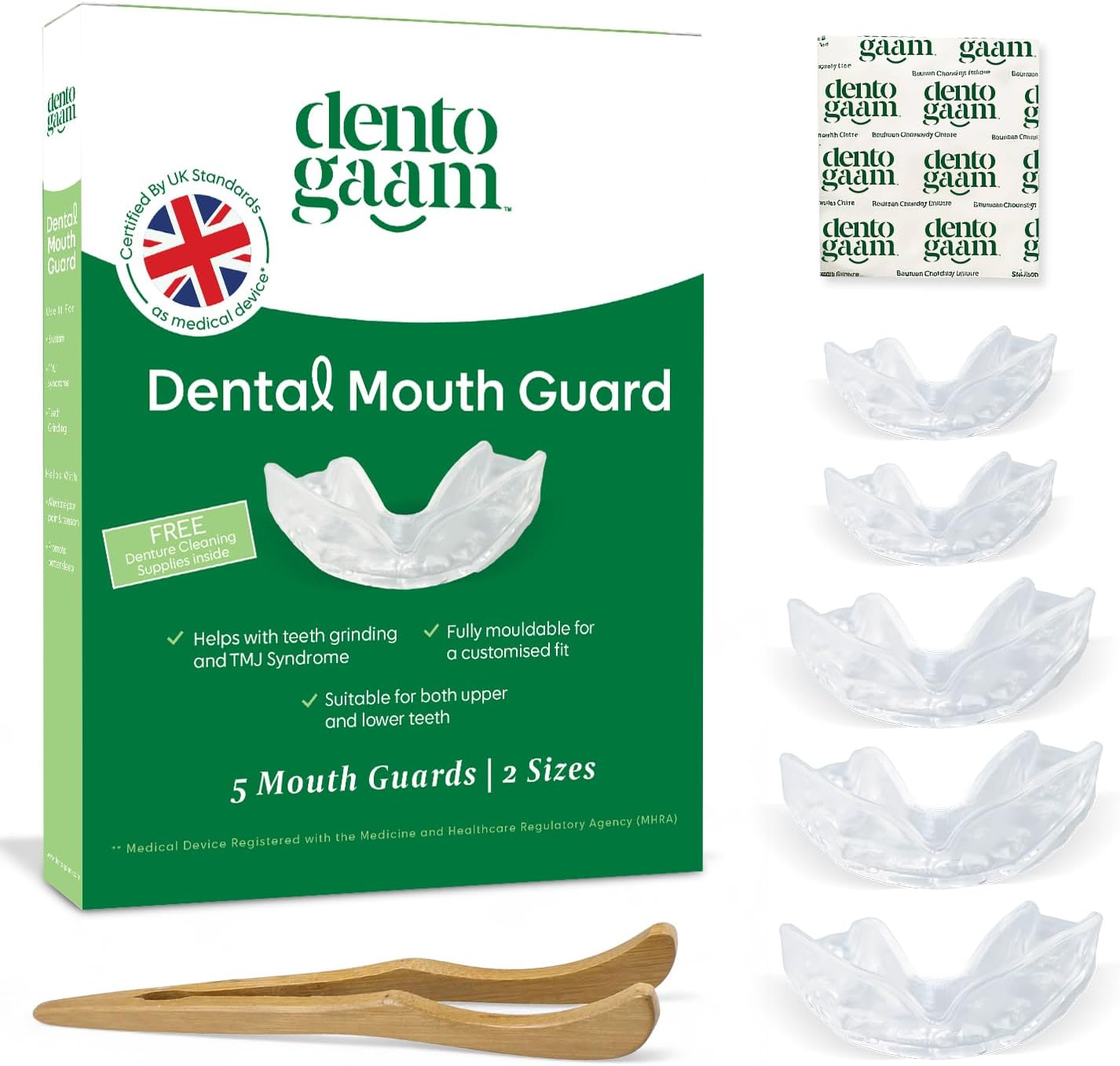 Dentogaam Mouth Guard for Teeth Grinding – 5 Custom-Fit Night Guards (2 Sizes) for Adults, with Cleaning Tablets & Wooden Tweezers