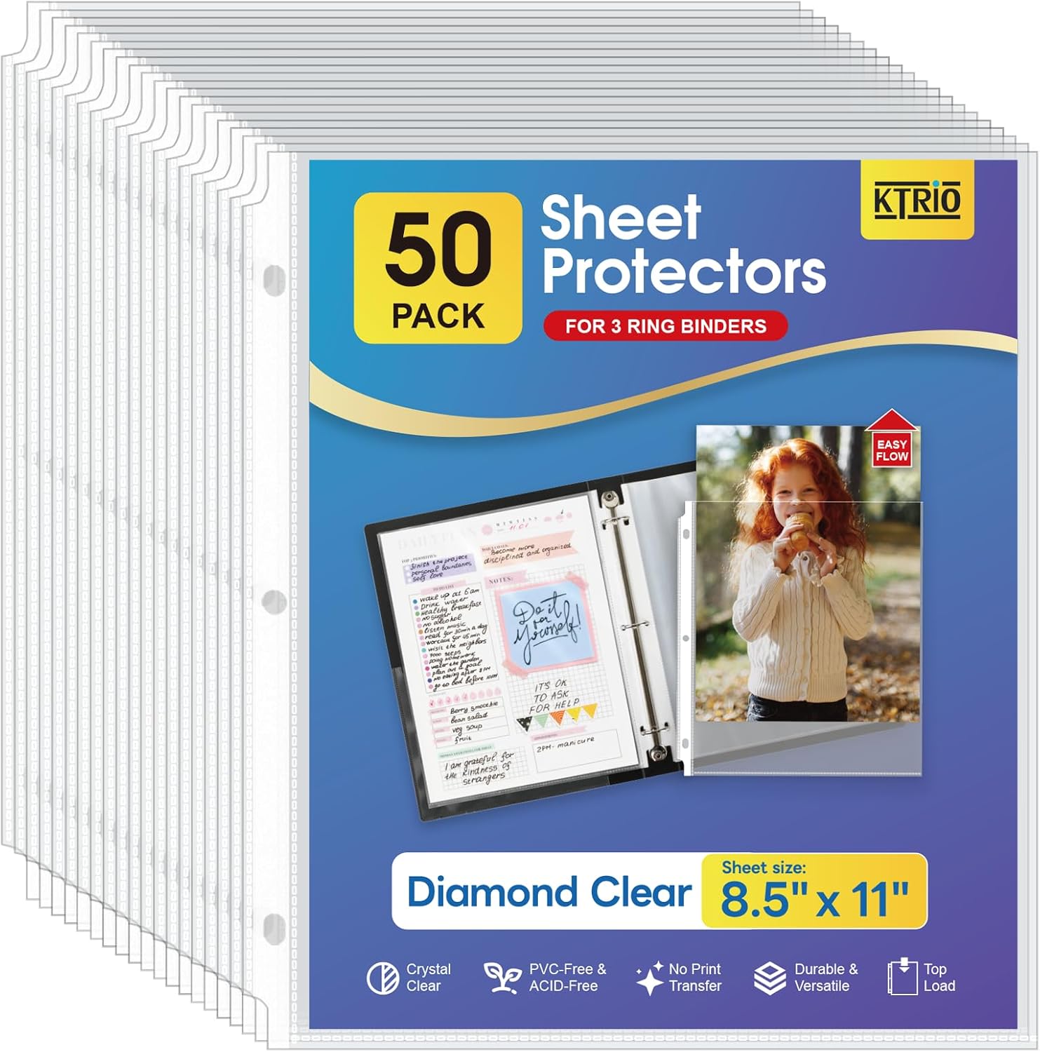 KTRIO Sheet Protectors 8.5 x 11 inch, Clear Page Protector for 3 Ring Binder, Plastic Sleeves for Binders, Top Loading Paper Sheets Document Sleeve Letter Size, Office & Home, 50 Pack