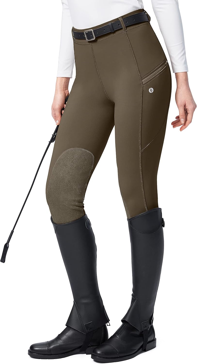 SANTINY Women's Horse Riding Pants with Zipper Pockets Knee-Patch Schooling Tights Equestrian Breeches for Women