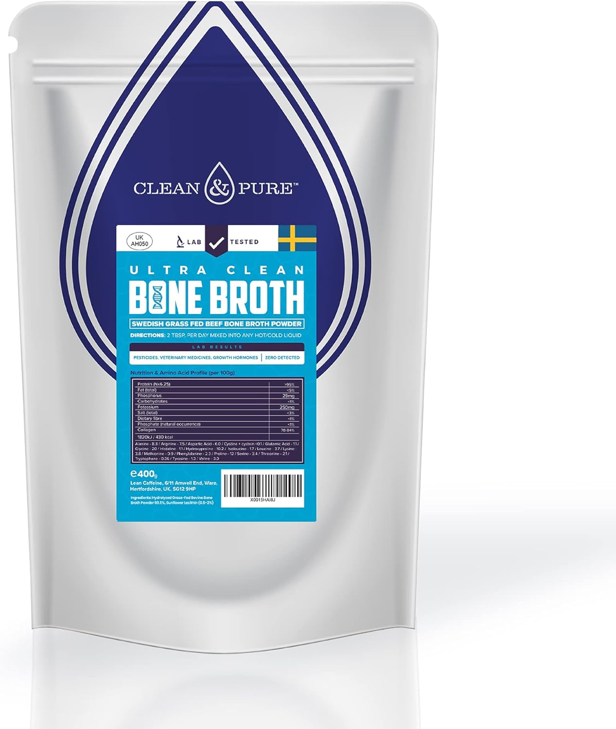 Clean & Pure Bone Broth Powder 400g | from Sweden | UK Lab Tested Bone Broth Protein Powder | Grass Fed Beef Bone Broth | Over 40 Serves