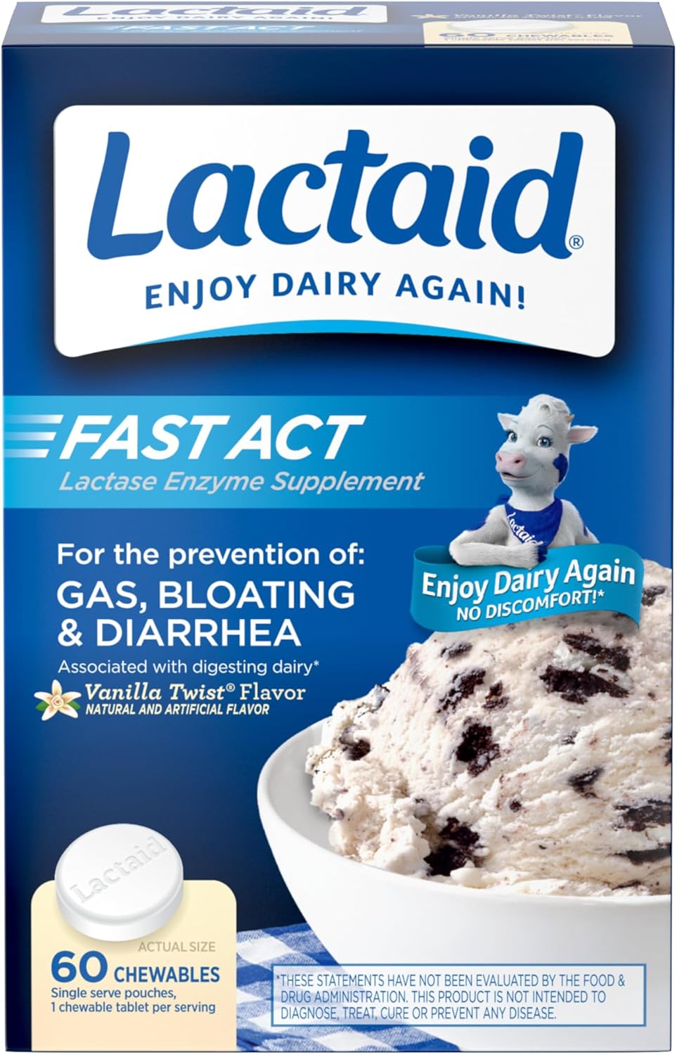 Lactaid Fast Act Lactose Intolerance Relief Chewables with Natural Lactase Enzyme to Prevent Gas, Bloating & Diarrhea Due to Lactose Sensitivity, On-The-Go, Vanilla Twist Flavor, 60 x 1 ct