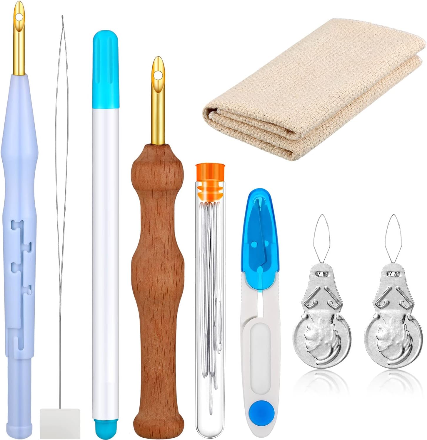 WILLBOND 17 Pcs Punch Needle Kit Adjustable Punch Needle Tool Include Wooden Handle Embroidery Pen Cloth Large Eye Sewing Needles for Beginners Adults DIY Craft Gifts(Blue, Sky Blue)
