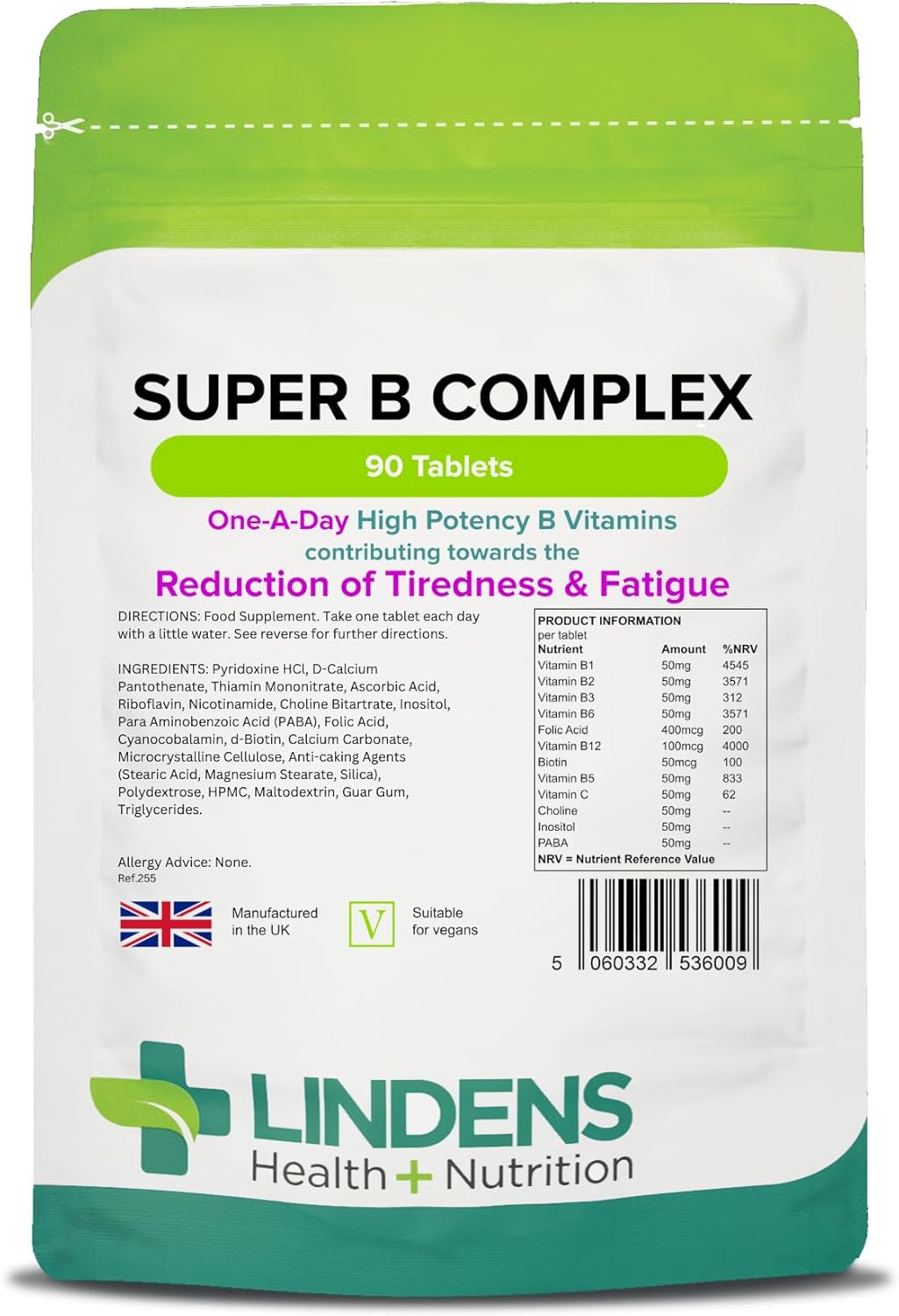 Lindens - Super B Complex Tablets - 90 Pack - UK Made - 3 Months Supply with a Full Spectrum of B Vitamins and Vitamin C - Reduces Tiredness and Fatigue - Letterbox Friendly, Vegan