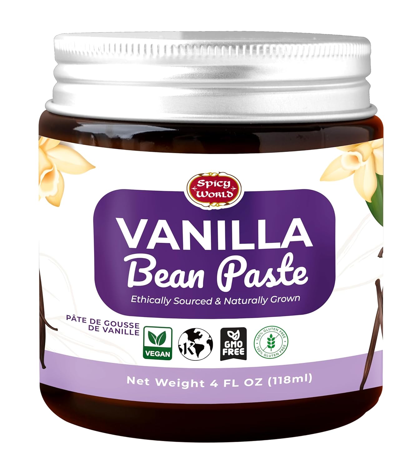 Spicy World Vanilla Bean Paste 4oz Jar - All Natural & Pure - Made with Organic Agave Syrup - For Cooking, Baking & Desserts - 100% Vegan & Kosher, Non-GMO & Gluten-Free - Glass Jar