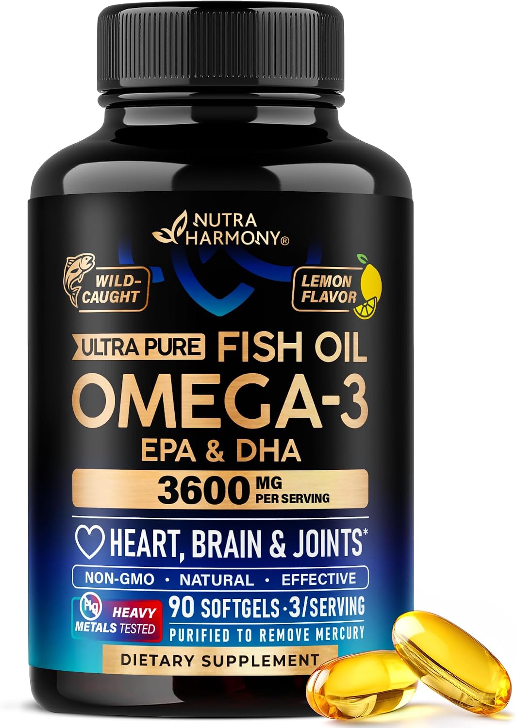 Omega 3 Fish Oil 3600 mg - Omega 3 Supplement for Men & Women - 90 Softgels