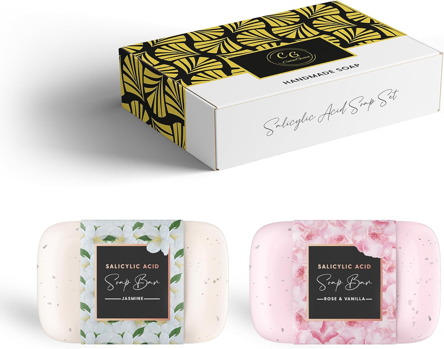 CalmGenix Salicylic Acid Soap Bar - Pack of 2 - Jasmine and Rose & Vanilla | Pore Exfoliating and Softening Body & Face Soap | 2% Salicylic Acid Scrub for Acne Prone Skin | 180g