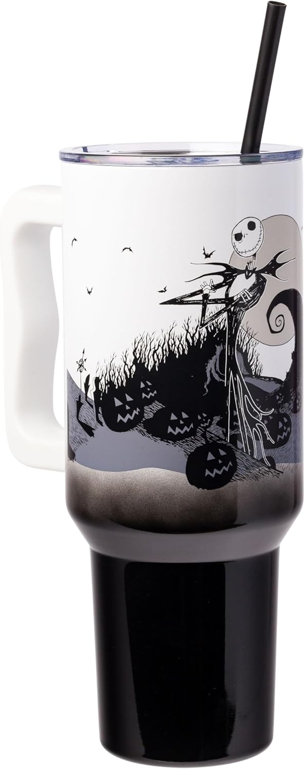 Silver Buffalo Disney Nightmare Before Christmas by Tim Burton Jack Skellington Hill and Moon Stainless Steel Tumbler with Handle and Straw, Fits in Standard Cup Holder, 40 Ounces