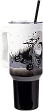 Silver Buffalo Disney Nightmare Before Christmas by Tim Burton Jack Skellington Hill and Moon Stainless Steel Tumbler with Handle and Straw, Fits in Standard Cup Holder, 40 Ounces
