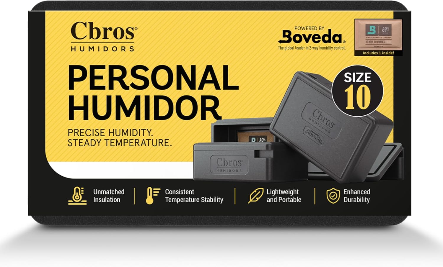 Cbros humidor 69% Two- Way Humidity Control Box Powered by Boveda, Moisture Absorber, Maintain Freshness and Consistent Temperature Size (Size 10)