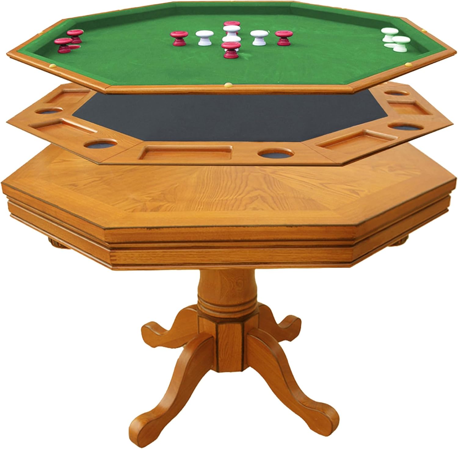 Hathaway Kingston 3 in 1 Octagon Poker Table, Dining & Bumper Pool Table for Game Rooms - Durable Hardwood, Sturdy Legs, Smooth Playfield - Includes Bumper Balls, Cues, Chalk, Brush - Oak