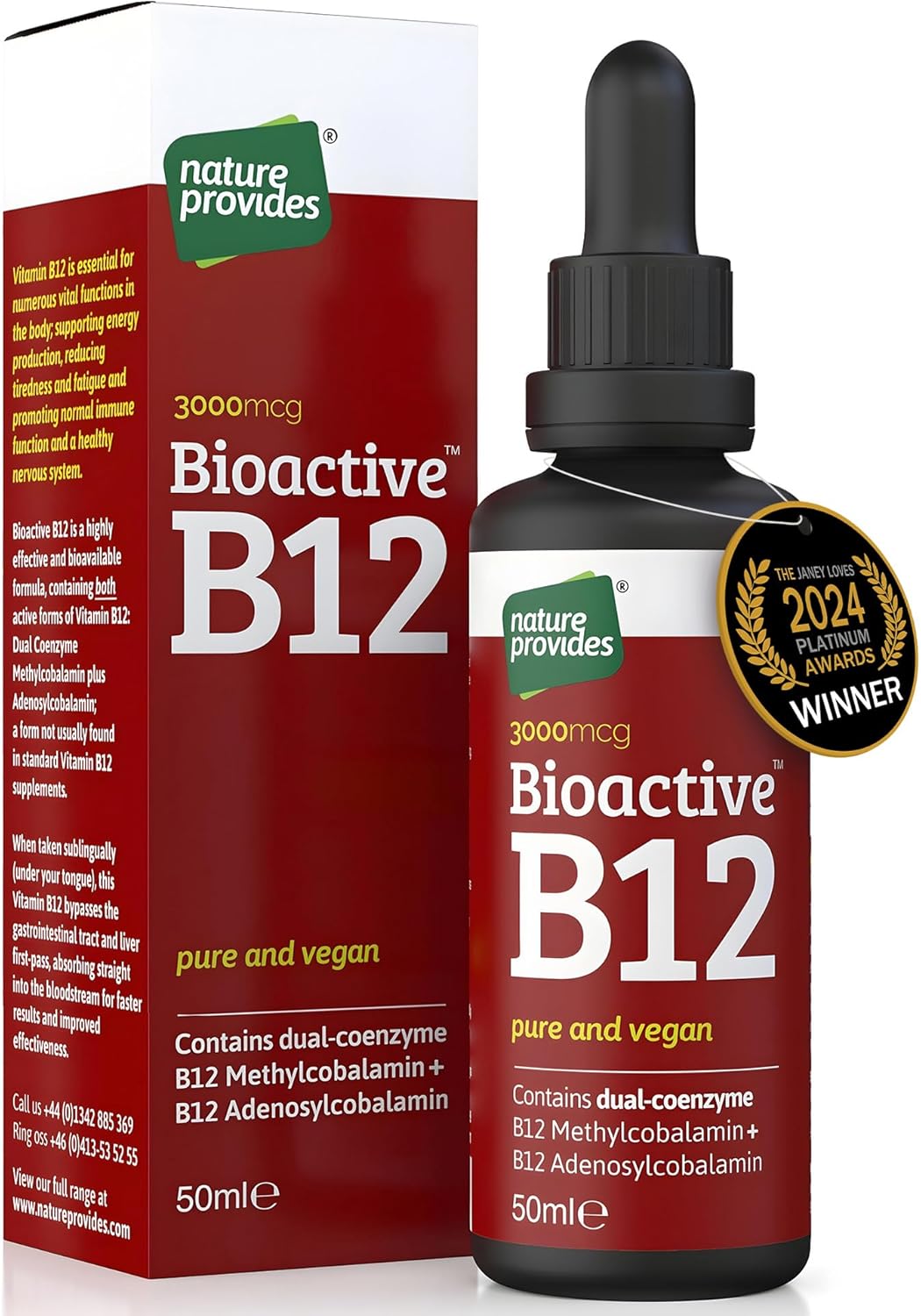 Vitamin B12 Liquid Drops (3000 mcg) Made in UK by Nature Provides - Methylcobalamin + Adenosylcobalamin (50ml), High Strength, Bioactive, Vegan, Energy & Sleep Support, Sublingual, Like B12 injections