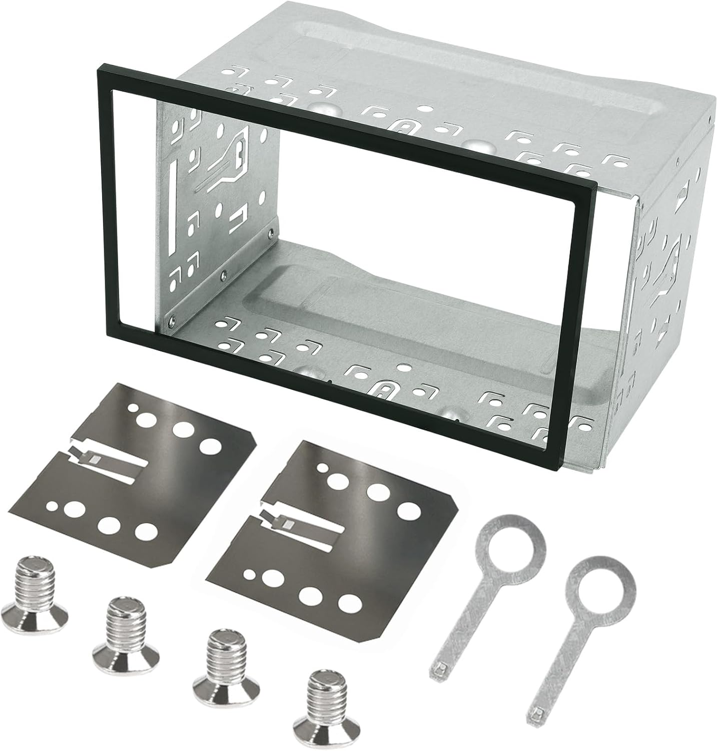 QLOUNI Car Stereo Double Din Cage with Frame for Car Radio, Double Din Head Unit Car Installation Kit Securing Cage with Frame for Camper Boat, Iron Metal Cage for Audio Video Playing Device