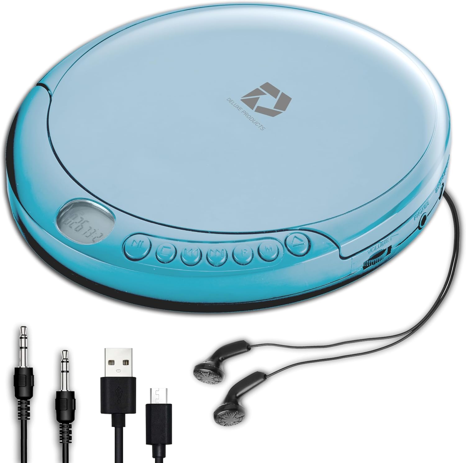 CD Player Portable with 60 Second Anti Skip, Stereo Earbuds, Includes Aux in Cable and AC USB Power Cable for use at Home or in Car. Blue