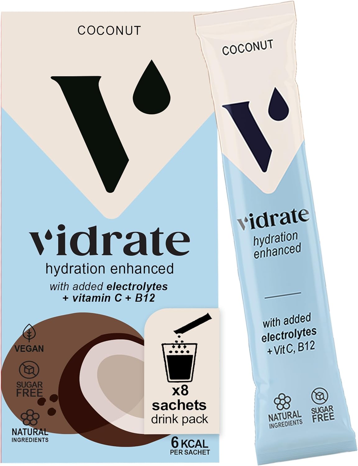 Electrolytes Powder - Hydration Sachets Packed with Vitamins - Zero Sugar Rehydration Sachet with No Artificial Sweeteners & Preservatives by ViDrate - Coconut Small Pack, 8 Electrolytes Sachets
