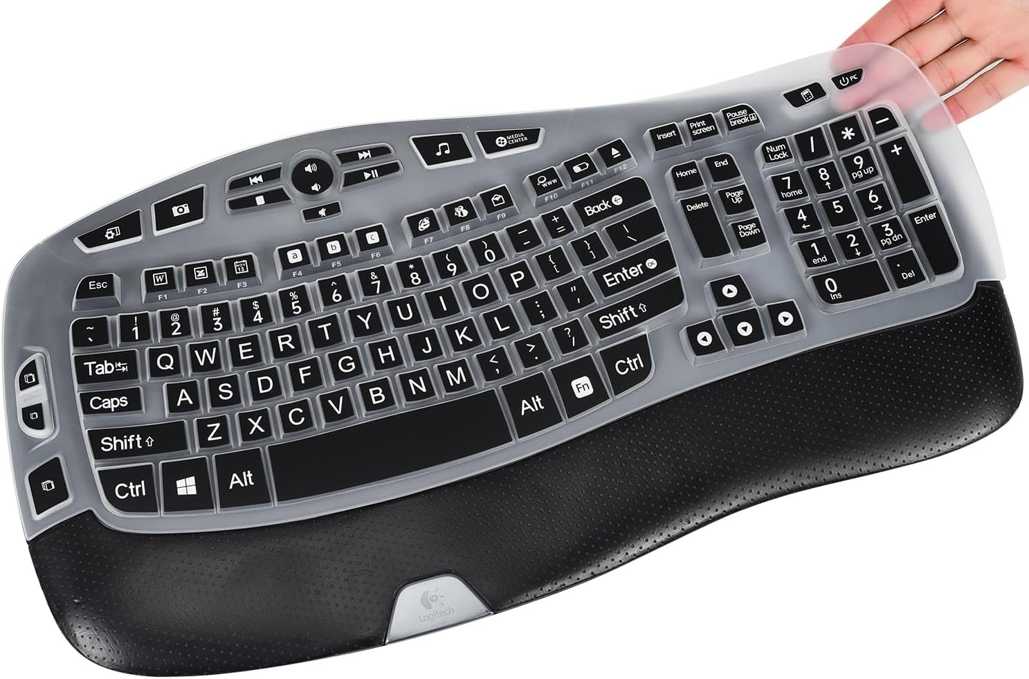 CaseBuy Keyboard Cover with Large Letters Compatible with Logitech K350 MK550 MK570 Wireless Wave Ergonomic Keyboard Protector with Oversized Print Letters -Black
