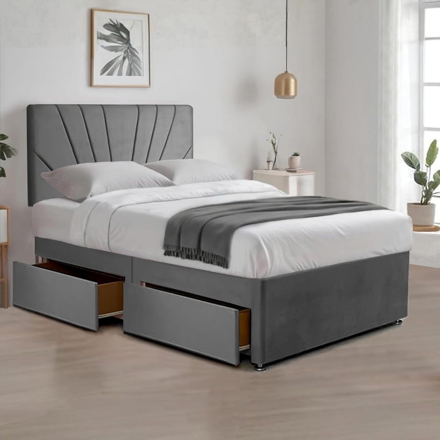 Ultra-Cool Plush Fabric Divan Bed | 26” Sunrise-Inspired Headboard & 2 Storage Drawers | Bed with Spring Memory Foam Mattress (Grey, 4FT6 Double Bed)