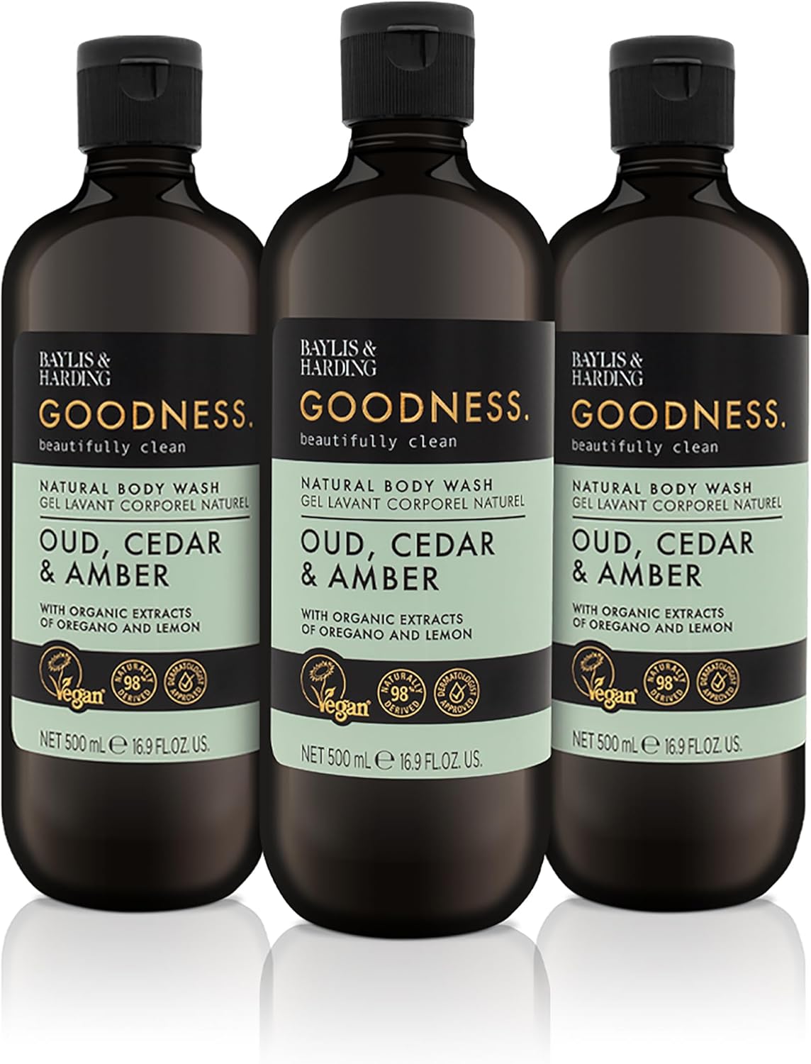 Baylis & Harding Goodness Oud, Cedar and Amber Body Wash, 500 ml (Pack of 3) - Vegan Friendly