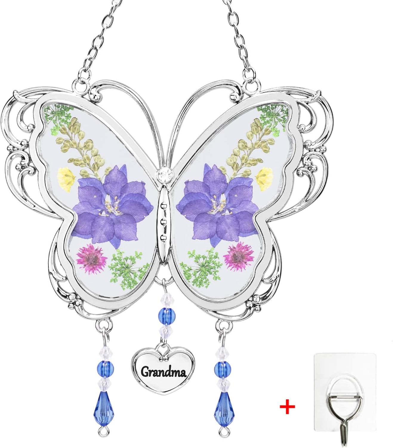 BOGDAN Crystal Butterfly Suncatcher with Pressed Flower Wings Mom Mother's Day Butterfly Glass Wind Chime Ornament Charm with Metal Heart Happy Birthday Gifts for Grandma with Free Hook (Grandma)