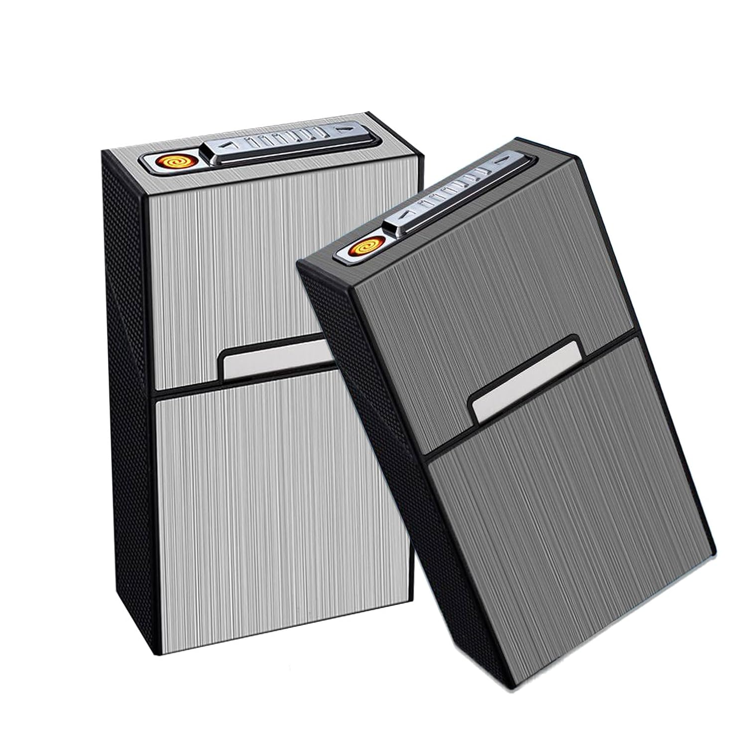 Cigarette Case for King Size,case Box King Size Hold 20 Regular Size Cigarettes with Tungsten Coil Lighter USB Rechargeable 2Pack(Gray+Silver 85mm)