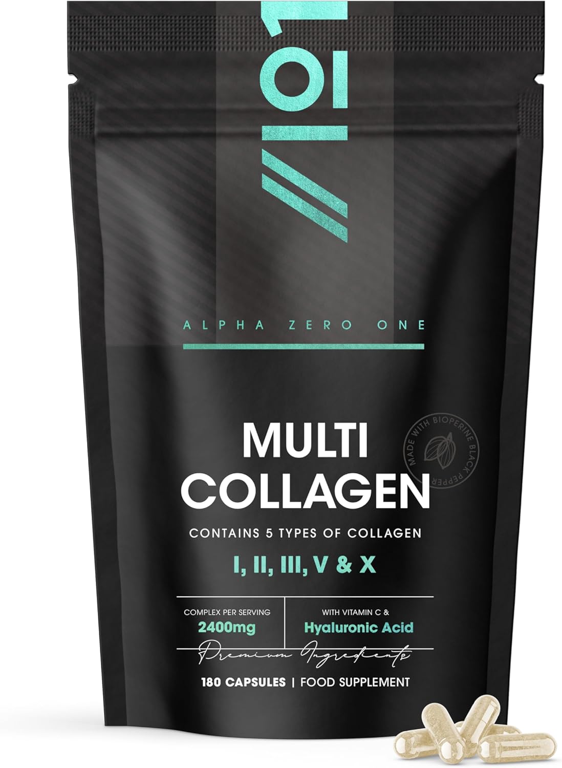Multi Collagen 2400mg – Types I, II, III, V & X – 180 Capsules – Wild Caught Marine, Grass Fed Bovine, Eggshell & Free-Range Chicken Collagen Powder, with Hyaluronic Acid & Vitamin C – by Alpha01