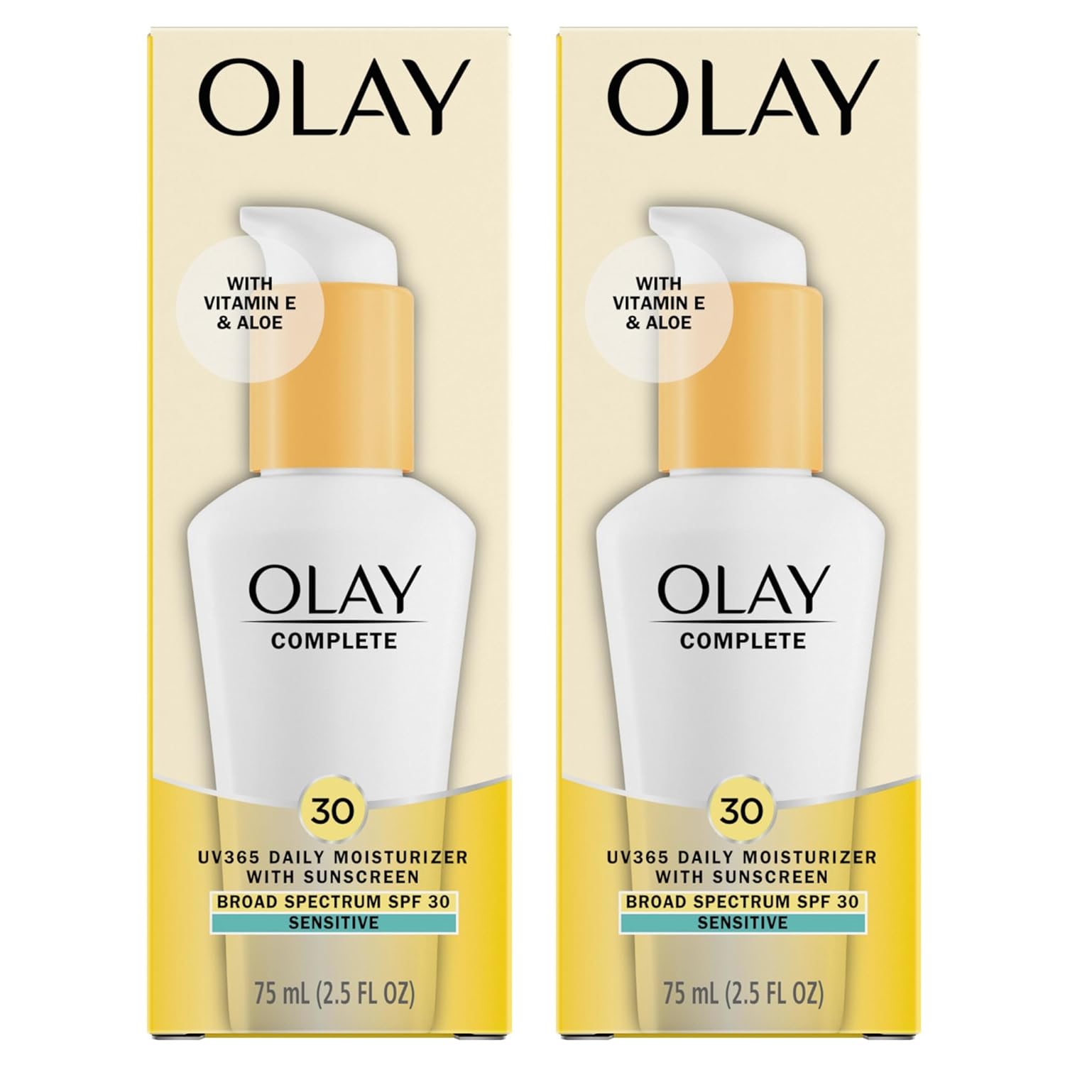 Olay Face Moisturizer Complete Daily Defense All Day Moisturizer With Sunscreen, SPF30 Sensitive Skin, 2.5 Fl Oz (Pack of 2)