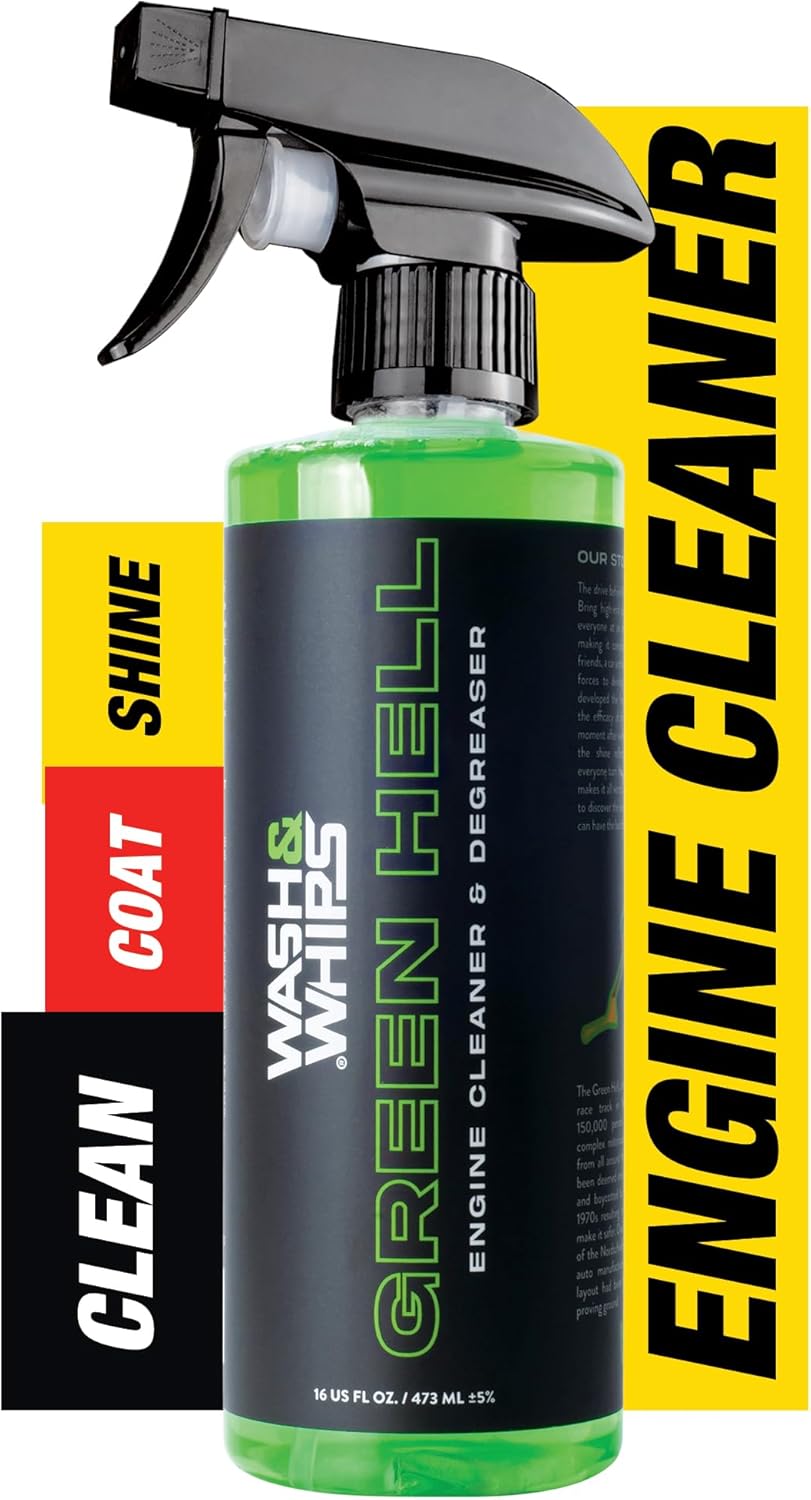 WASH&WHIPS Green Hell Engine Machine Cleaner & Degreaser - Car Engine Detailing Professional Strength Cuts Through Grime, Grease, Oil, Debris & Build-up, 16 fl oz