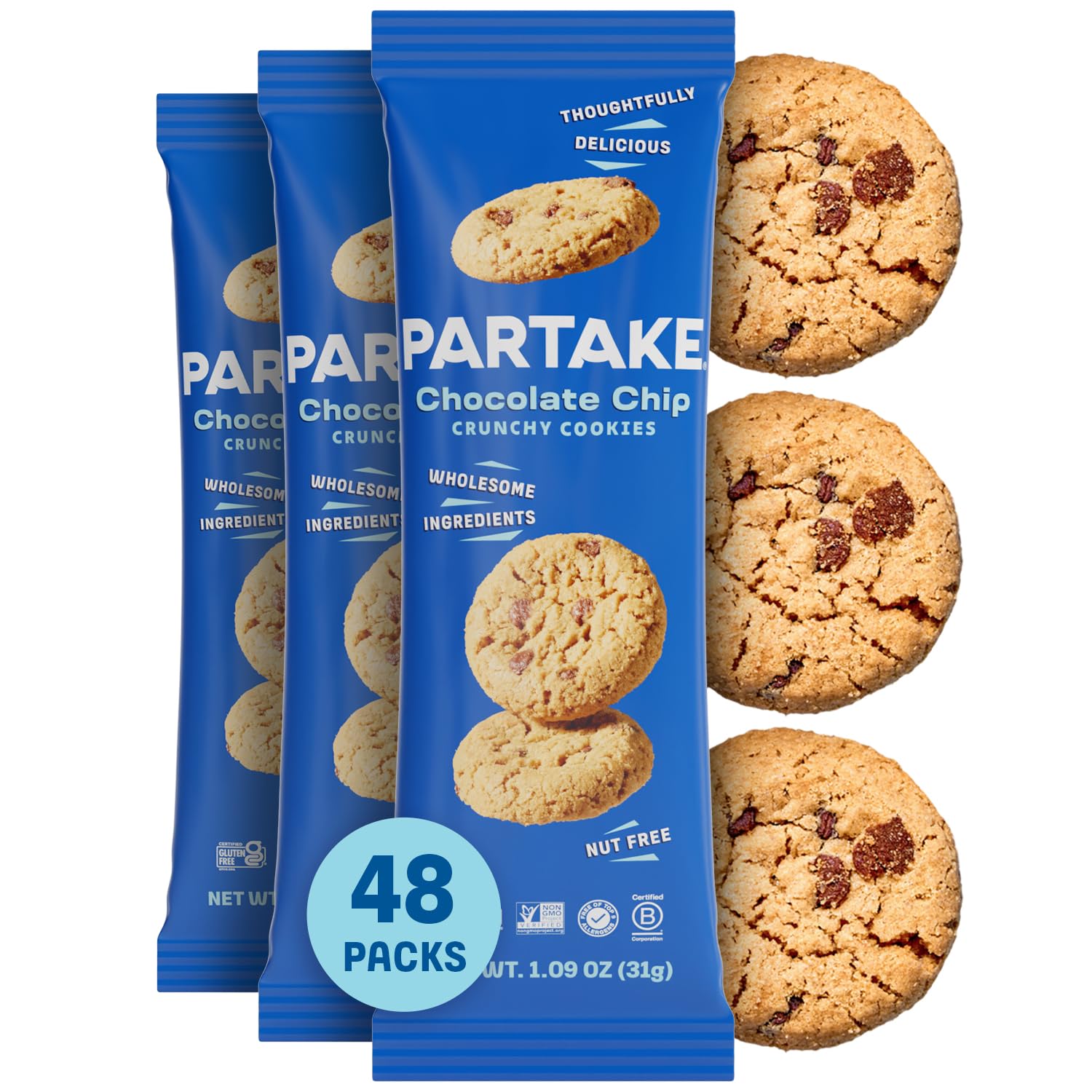 Gluten Free Partake Crunchy Chocolate Chip Cookies - Vegan - Free From the Top 9 Allergens Including Dairy, Wheat, Soy, Eggs, & Peanuts - Safe School & Office Snack (48 Packs, 1.09 oz)