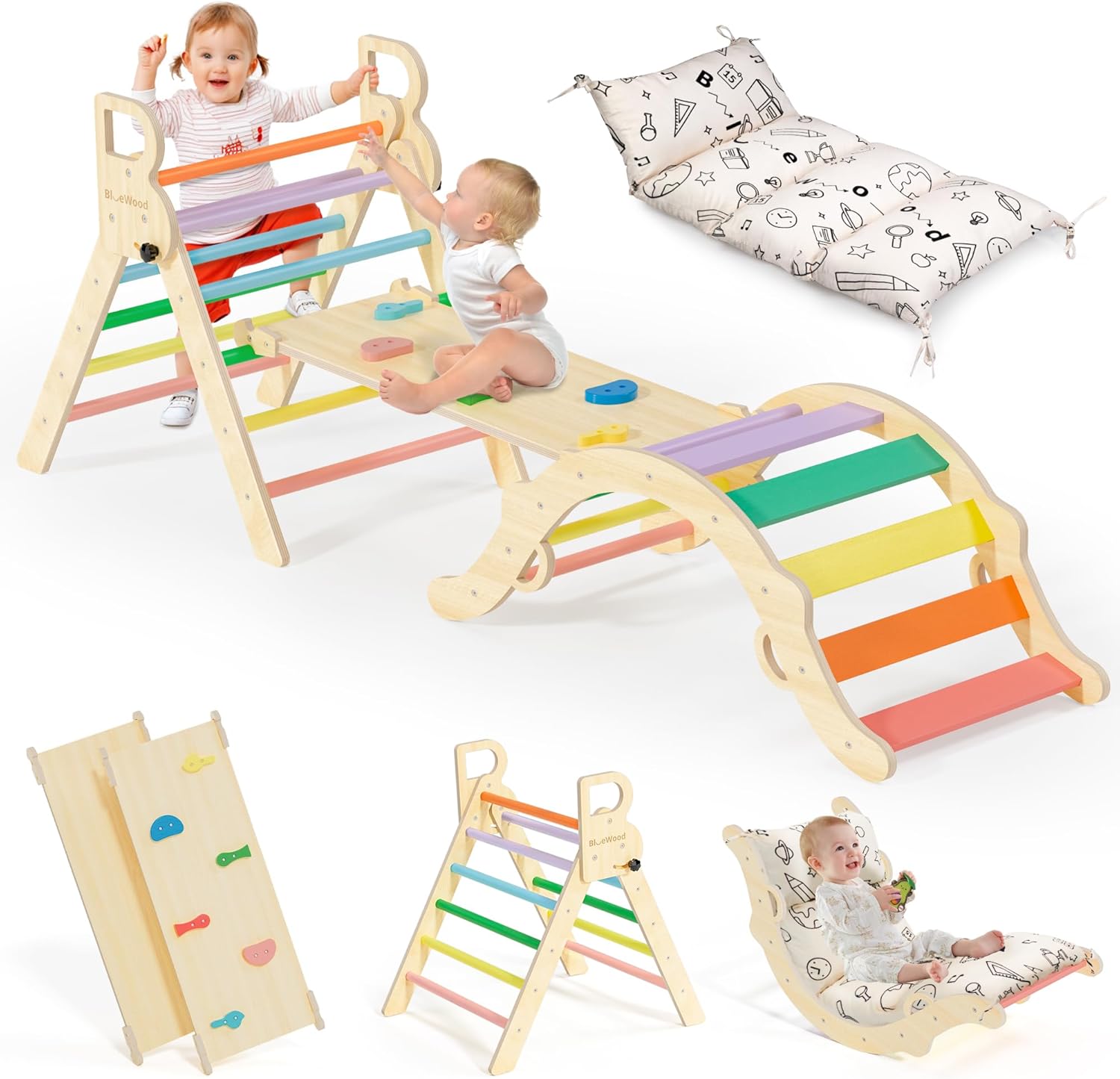 BlueWood Pikler Triangle Set with Cushion, 8-in-1 Climbing Toys for Toddlers, Montessori Philosophy Play Jungle Gym with Arch, Ramp, Ladder(Sunshine Rainbow)