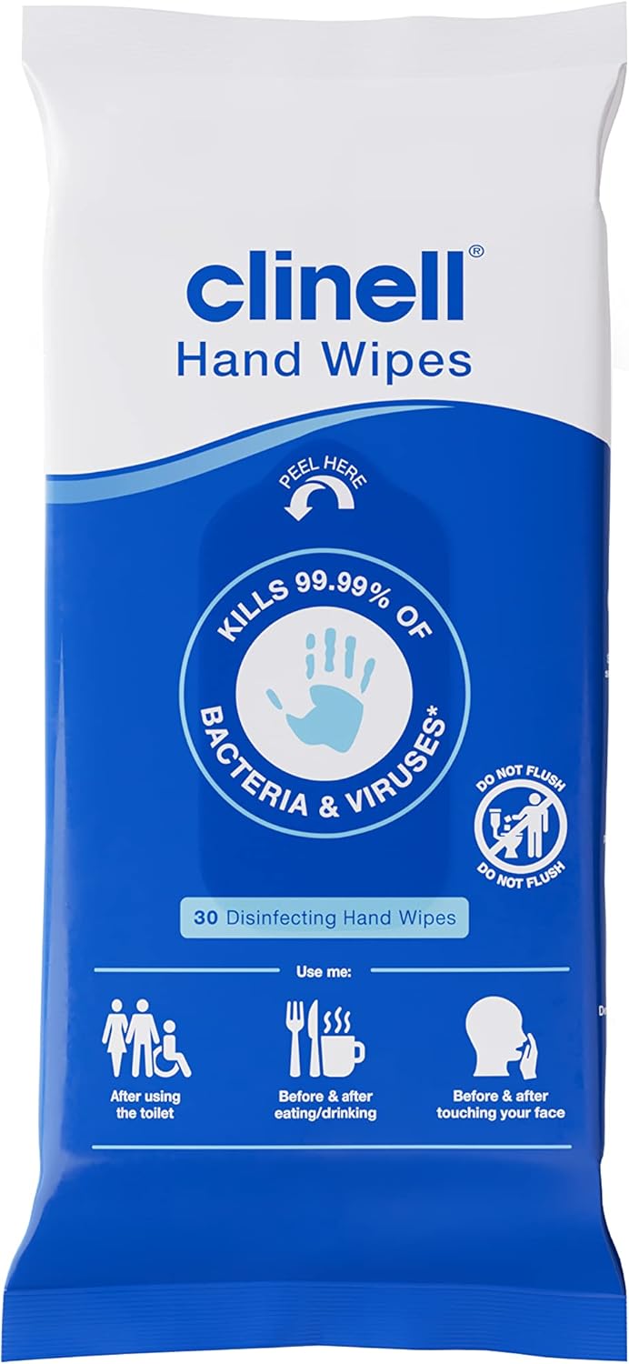 Clinell Antimicrobial Hand Wipes for Cleaning & Disinfecting - Sanitising Wipes, Ideal for Travel - Dermatologically Tested, Kills 99.99% of Bacteria & Viruses* - Pack of 30 Wipes, Blue, Pack of 1