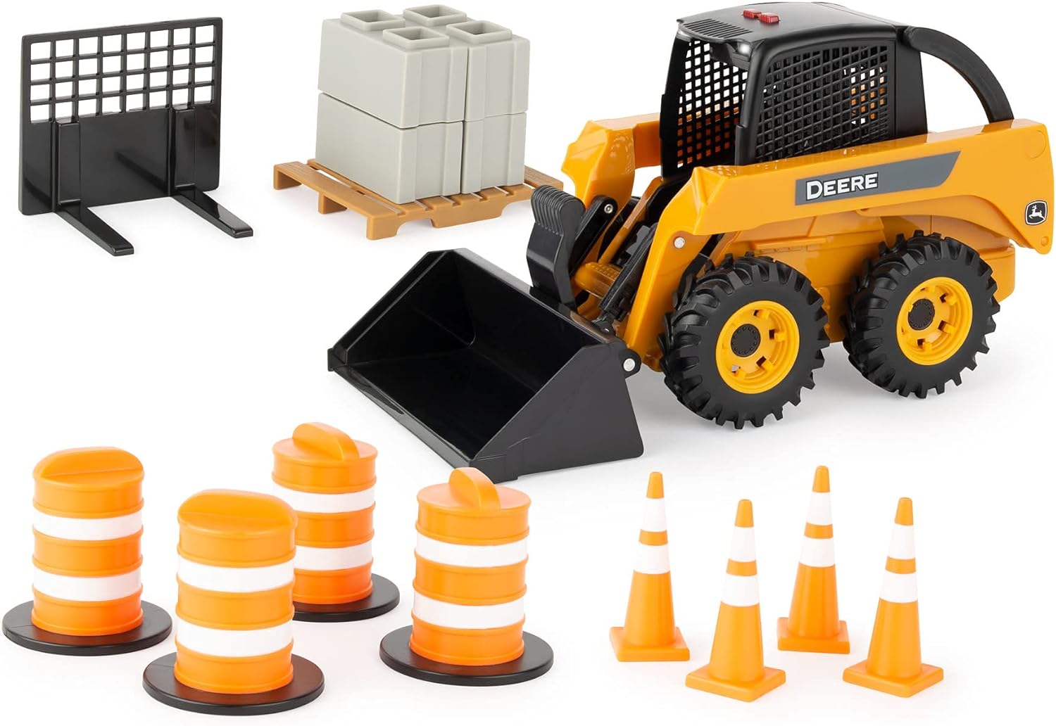 John Deere ERTL Big Farm John Deere Skid Steer Set - 1:16 Scale - Construction Toys Includes Barrels and Cones - Kids Toys Ages 3 Years and Up,Yellow