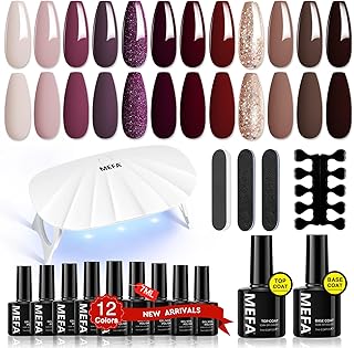 MEFA 19 Pcs Gel Nail Polish Kit with U V Light, 12 Colors Fall Gel Nail Polish Set Burgundy Red Champagne Gold Glitter Gel Soak Off Purple Manicure Tools Beginners Salon Halloween Art DIY for Women