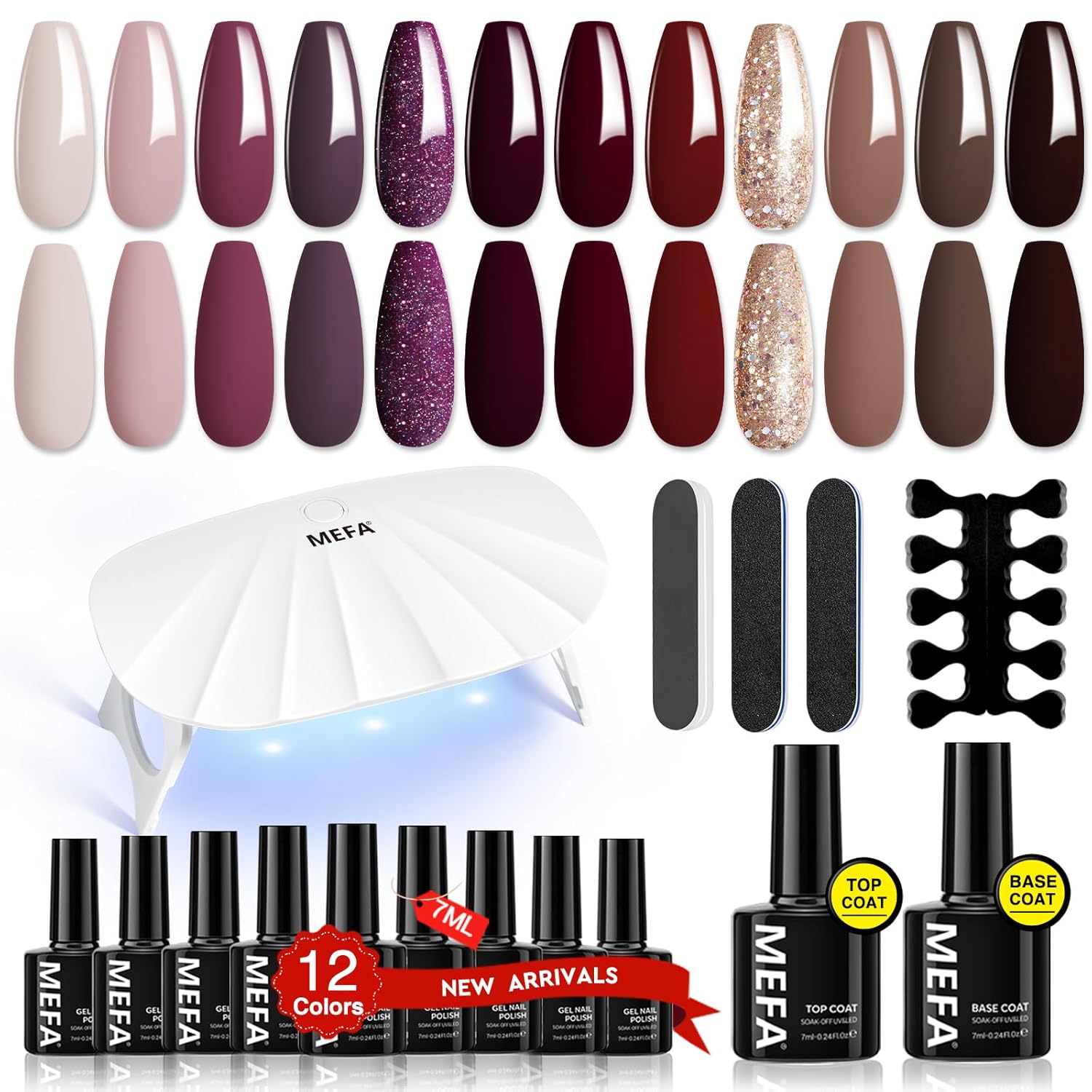 MEFA 19 Pcs Gel Nail Polish Kit with U V Light, 12 Colors Fall Gel Nail Polish Set Burgundy Red Champagne Gold Glitter Gel Soak Off Purple Manicure Tools Beginners Salon Halloween Art DIY for Women