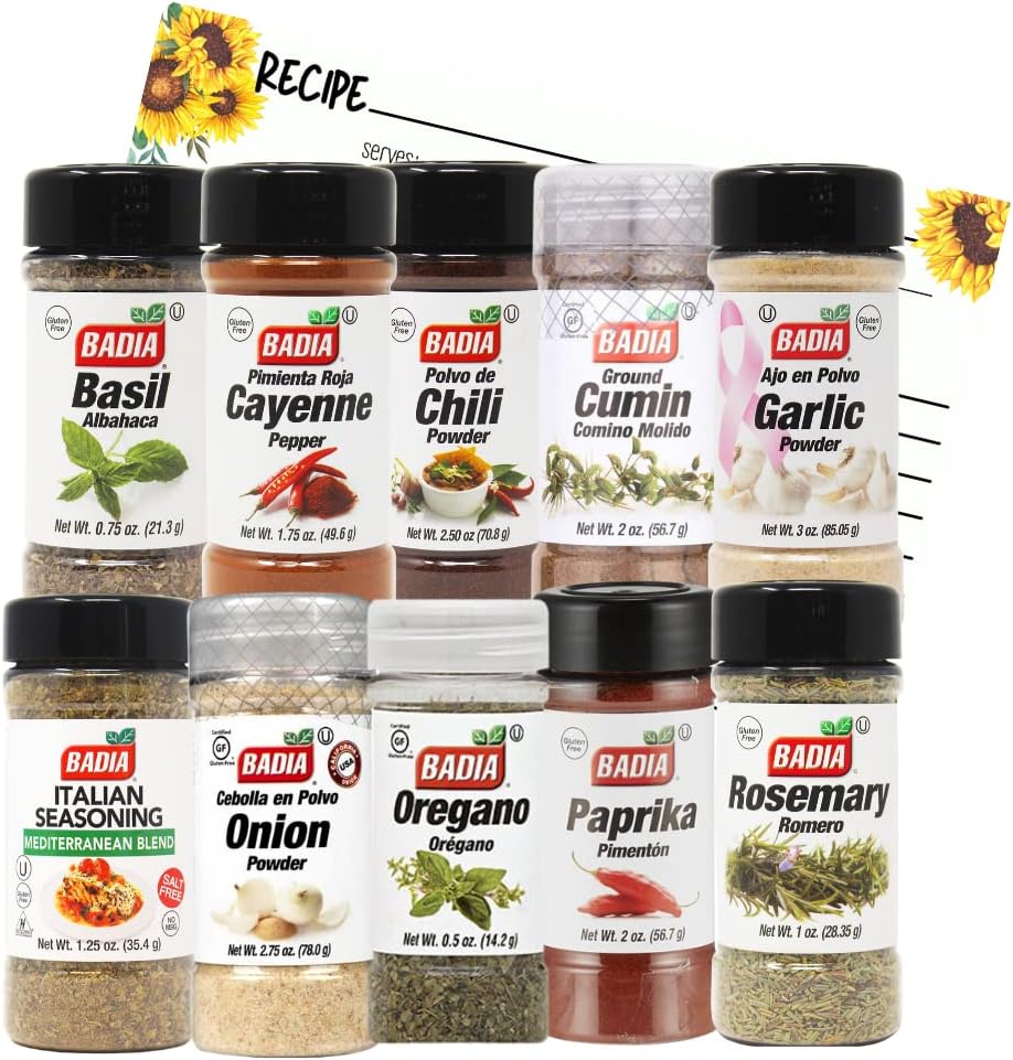 June Street Market New Kitchen Starter 10 Piece Gift Set with Basil, Cayenne, Chili Powder, Cumin, Garlic, Italian, Onion Powder, Oregano, Rosemary, Paprika and Blank Recipe Cards (style may vary)