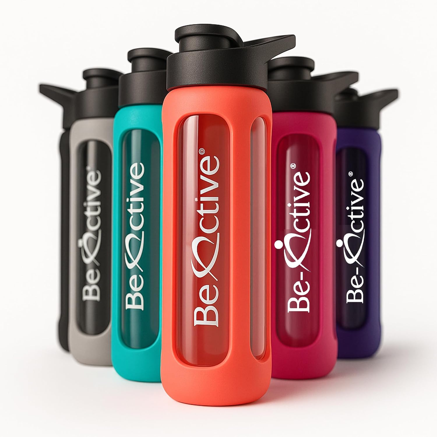 Be-Active Glass Water Bottle 700ml Flip Top with Times to Drink | Borosilicate Glass | Motivational bottles | BPA Free | Eco Friendly (Coral)